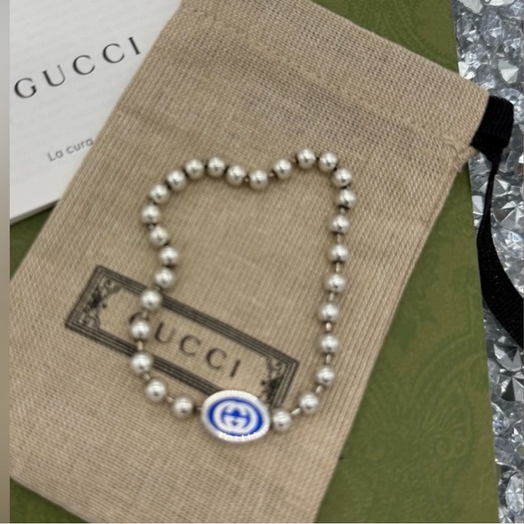 GUCCI Sterling Silver Boule Blue Enamel Single Logo Beaded Bracelet NEW - Picture 1 of 9